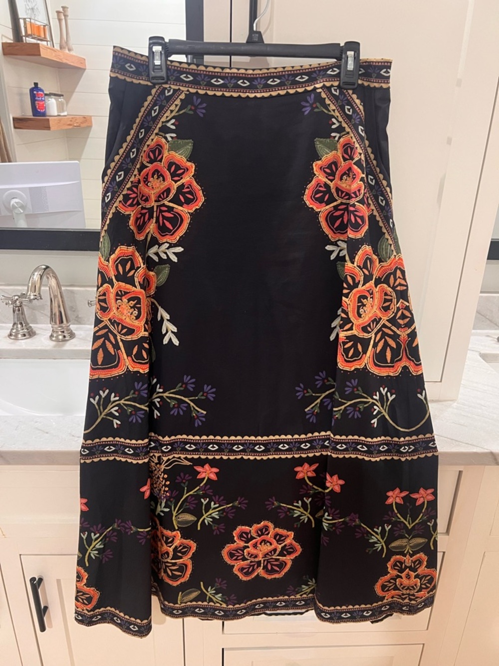 SHEIN Black A-Line Skirt with Orange and Green Floral Faux Embroidery